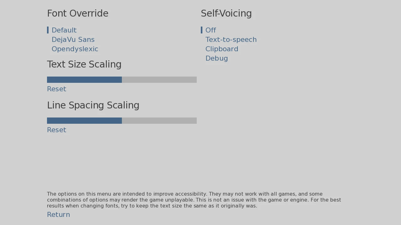 Renpy's built-in Accessibility panel has sections: Font Override, Self-Voicing, Text Size Scaling, Line Spacing Scaling